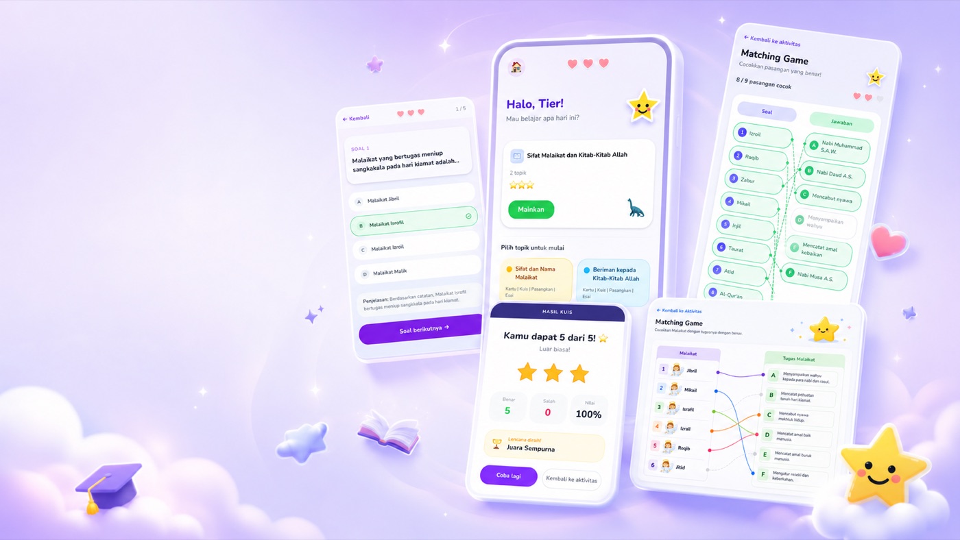 Contoh tampilan LearnLoop: kuis interaktif, flashcard, dan matching game dari materi sekolah anak